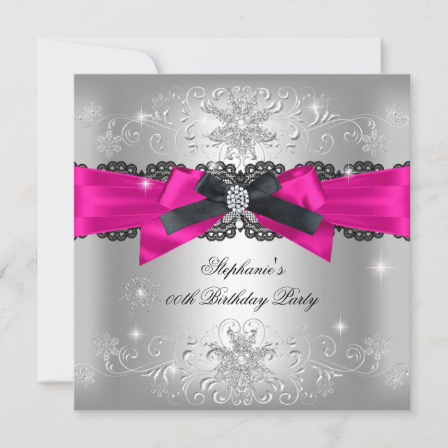 Birthday Party Hot Pink Black Bow Glitter Silver 2 Invitation (Front)