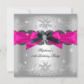 Birthday Party Hot Pink Black Bow Glitter Silver 2 Invitation