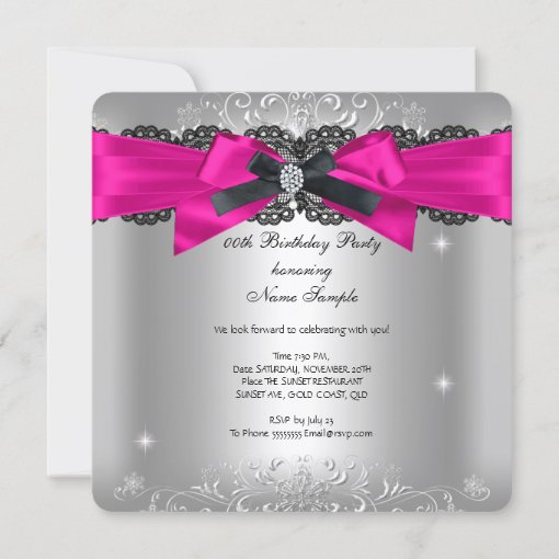 Birthday Party Hot Pink Black Bow Glitter Silver Invitation | Zazzle