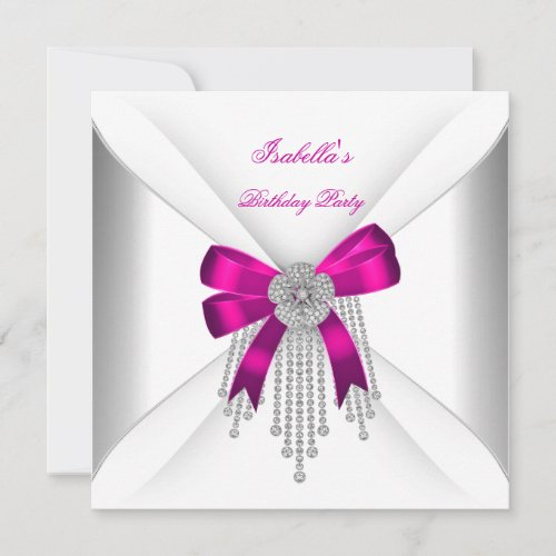Birthday Party Hot Pink Bow Silver White Diamond Announcements