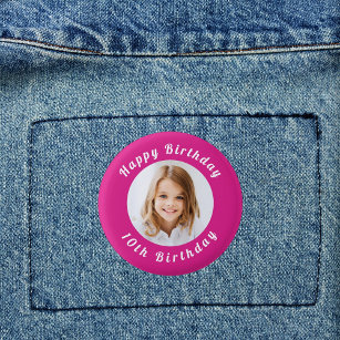 Birthday party hot pink photo girl button