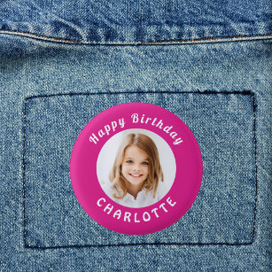 Birthday party hot pink photo girl name button