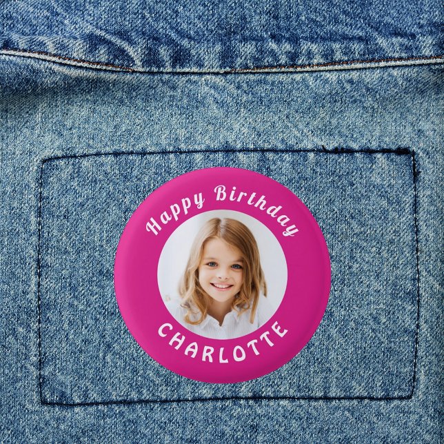 Birthday party hot pink photo girl name button (Creator Uploaded)
