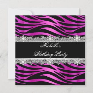 Birthday Party Hot Pink Silver Zebra Diamond Black Invitation
