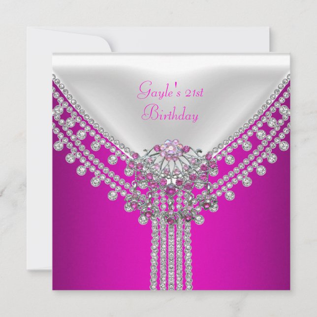 Birthday Party Hot Pink White Diamond Jewel Invitation (Front)