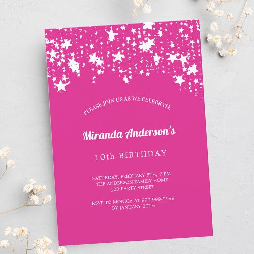 Birthday party hot pink white stars girl invitation postcard