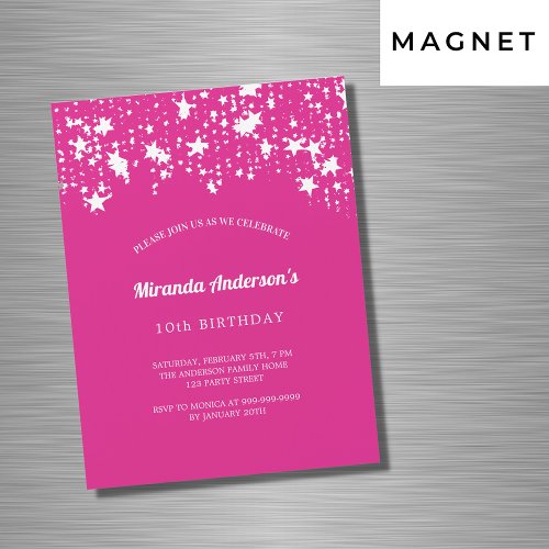 Birthday party hot pink white stars girl luxury magnetic invitation