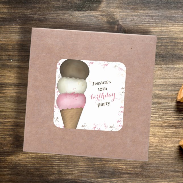 Birthday Party Ice Cream Custom Favor Square Sticker (Creator Uploaded)