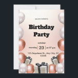 Birthday Party Invitation<br><div class="desc">Make your celebration unforgettable with this elegant rose gold and silver birthday party invitation card. Featuring beautiful metallic balloons framing the design and stylishly wrapped gift boxes at the bottom, this invite is perfect for adult birthdays or sophisticated gatherings. The modern, clean layout clearly displays the date, time, and location...</div>