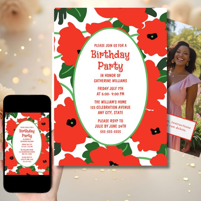 Birthday Party Invitation Any Age Red Poppies (Creator Uploaded)