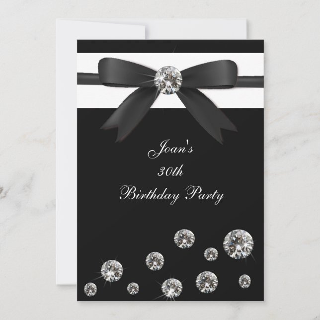 Birthday Party Invitation Black Diamond Bow Design (Front)