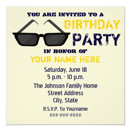 Birthday Party Invitation Black Sunglasses