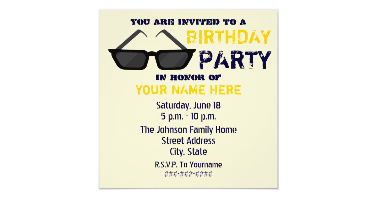 Birthday Party Invitation Black Sunglasses