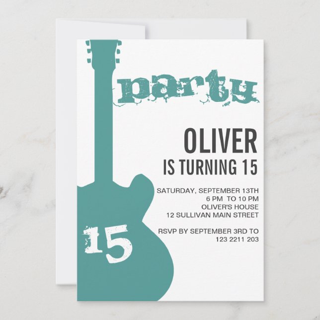 Birthday Party Invitation - Blue Guitar Silhouette (Front)