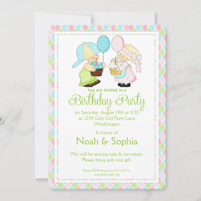 Birthday Party Invitation Boy & Girl Twins d2 (Front)