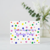 Birthday Party invitation, colorful dots, postcard (Standing Front)