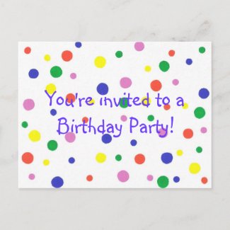 Birthday Party invitation, colorful dots, postcard