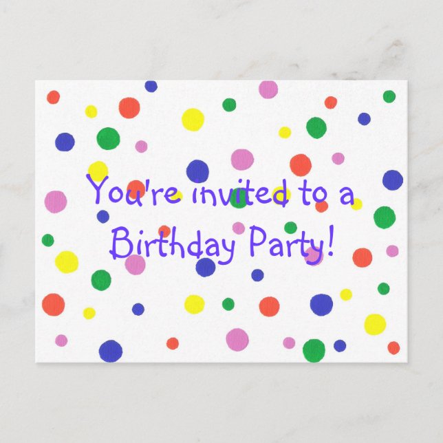 Birthday Party invitation, colorful dots, postcard (Front)