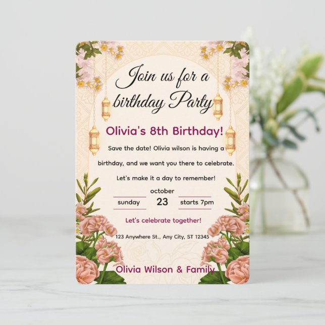 Birthday Party Invitation Elegant Floral (Standing Front)