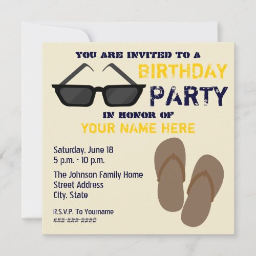 Birthday Party Invitation Flip Flops &amp; Sunglasses