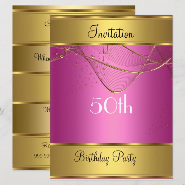 Birthday Party Invitation Gold 50th Birthday Pink (Front/Back)