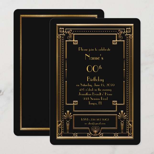 Birthday party invitation,great Gatsby,gold,black Invitation (Front/Back)
