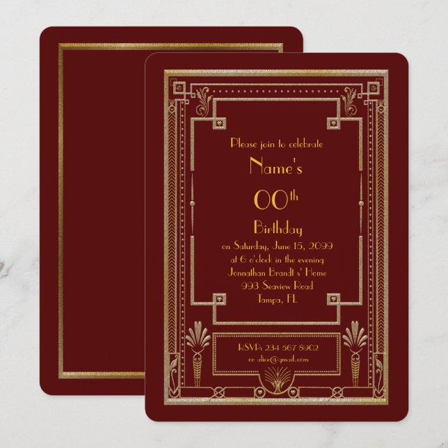 Birthday party invitation,great Gatsby,gold,red Invitation (Front/Back)