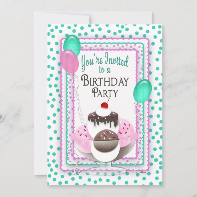 Birthday Party Invitation - Ice Cream Sundae/Dots (Front)