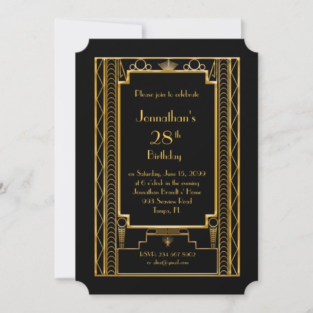 Birthday party invitation man,great Gatsby,black (Front)