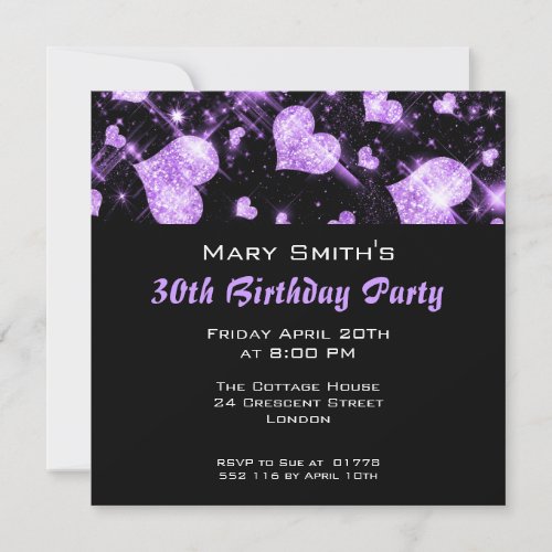Birthday Party Invitation Purple Glitter Hearts