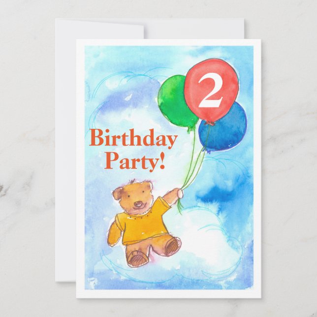 Birthday Party Invitation Teddy Bear Balloons  (Front)