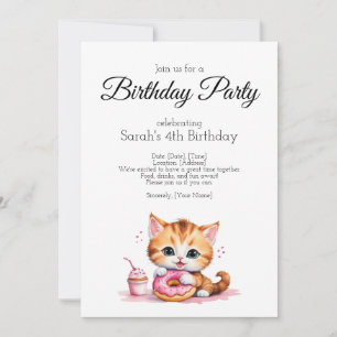 Birthday party invitation, water color baby cat invitation