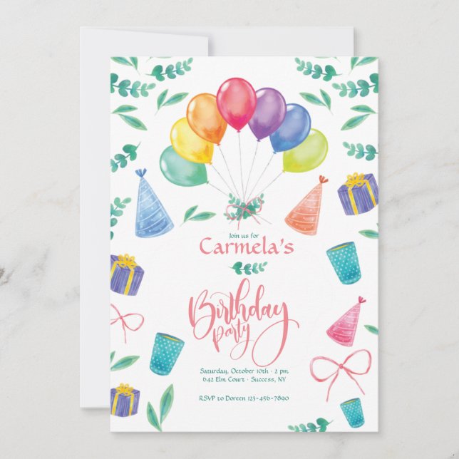 Birthday Party Invitation With Balloons (Front)