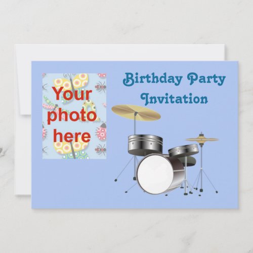 Birthday party invitation with drum kit add photo