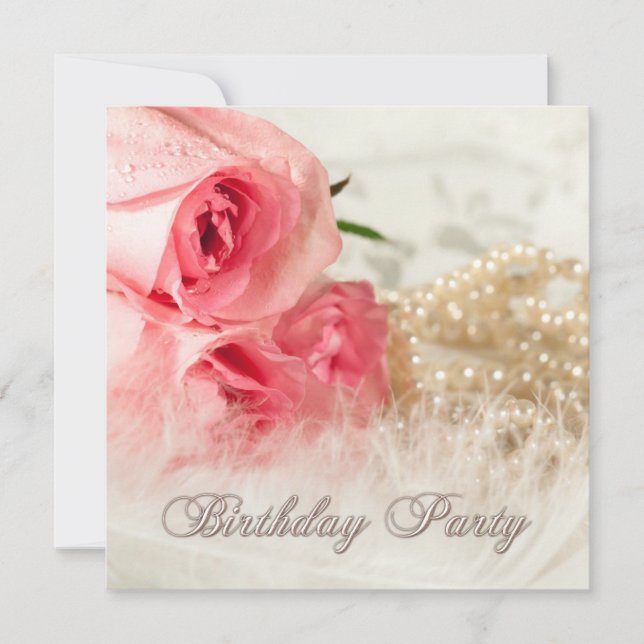 Birthday party invitation with roses and pearls (Front)