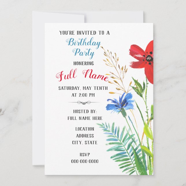 Birthday Party Invitation with Watercolor Flowers (Front)