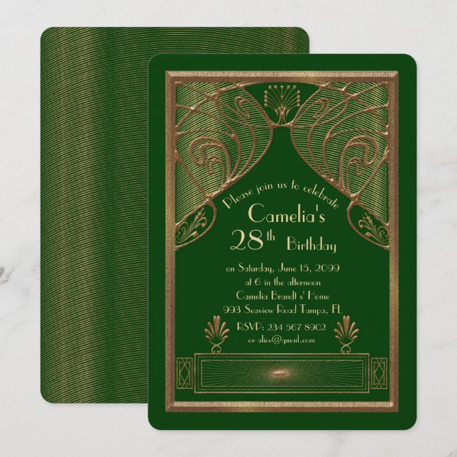 Birthday party invitation woman,great Gatsby,green (Front/Back)