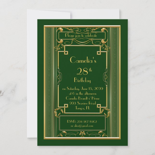 Birthday party invitation woman,great Gatsby,green (Front)