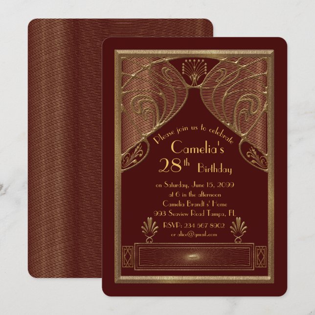 Birthday party invitation woman,great Gatsby, red (Front/Back)