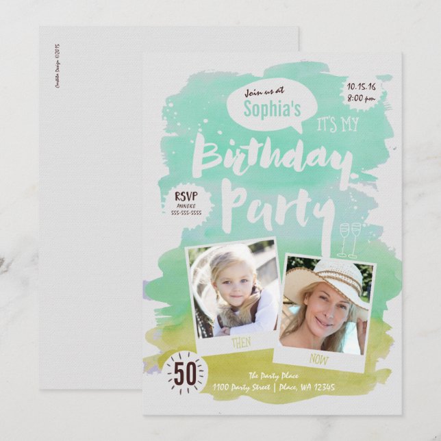 Birthday Party Invitation Women Watercolor (Front/Back)
