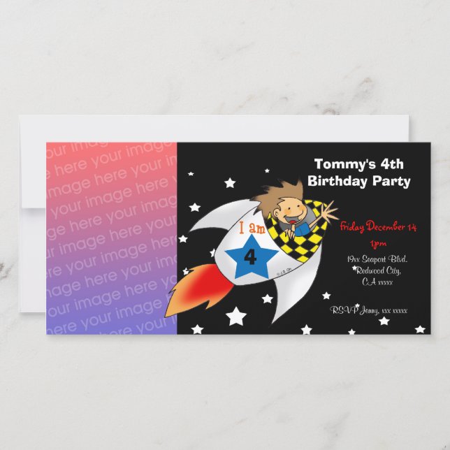 Birthday party invitations (rocket boy) (Front)