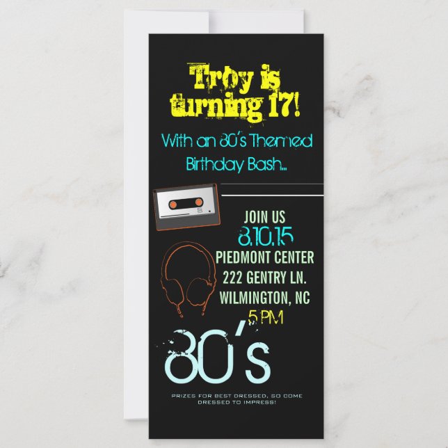 Birthday Party Invite | 80's Theme II |him-black (Front)