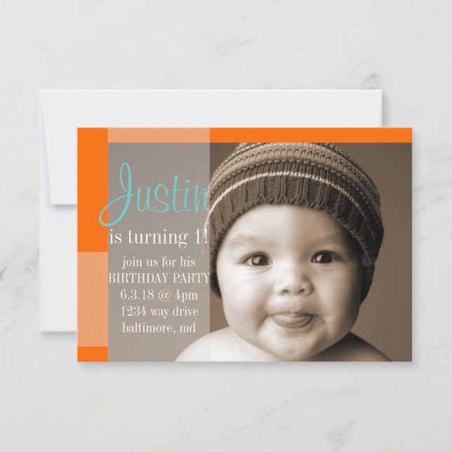 Birthday Party Invite | A Segment Orange Turquoise (Front)