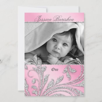 Birthday Party Invite Baby Glitter Leaves Pink by BabyDelights at Zazzle