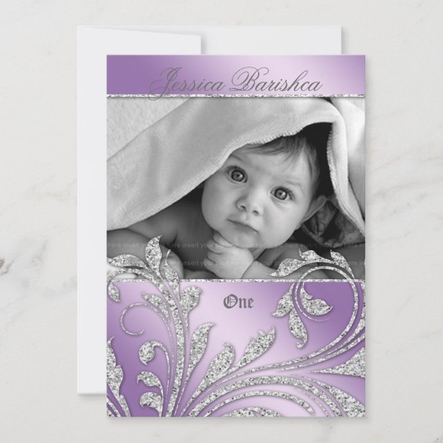 Birthday Party Invite Baby Glitter Leaves Purple (Front)