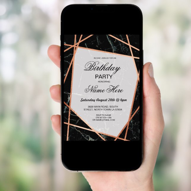 Birthday Party Invite Black Marble Rose Gold 21st (Front Digital)