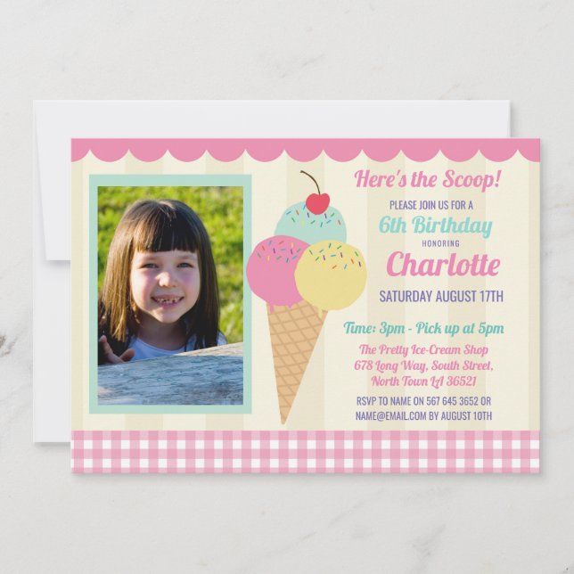 Birthday Party Invite Ice Cream Photo Pink Parlor (Front)