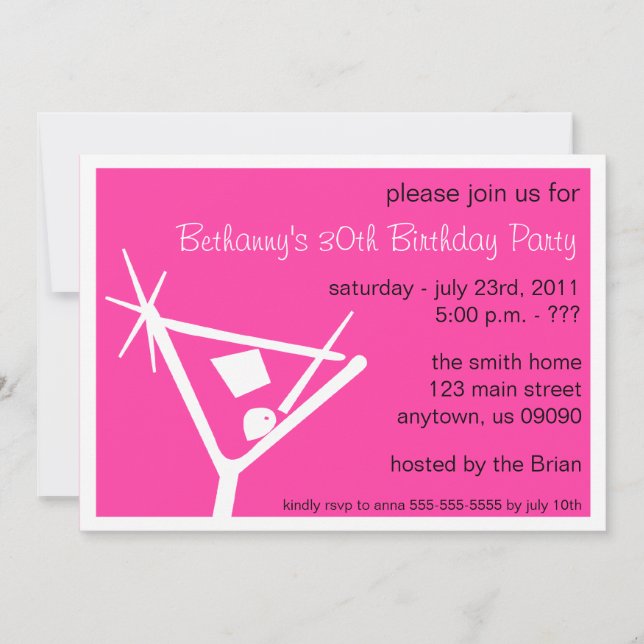Birthday Party Invite Martini Glass (Pink) (Front)