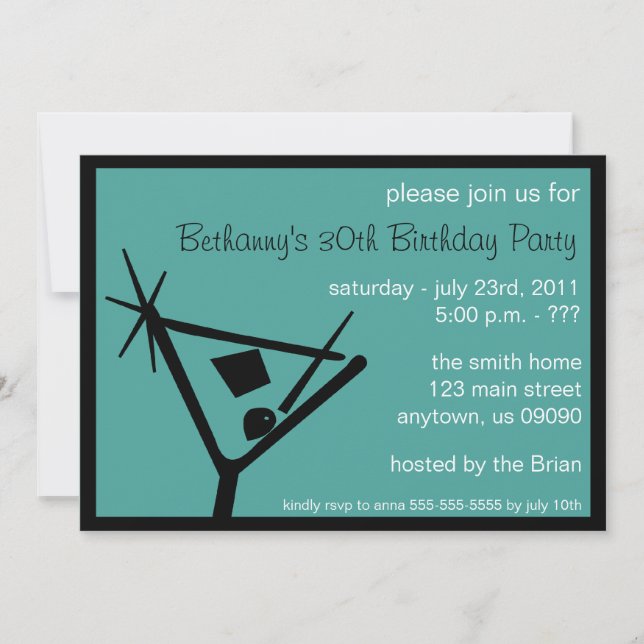 Birthday Party Invite Martini Glass (Teal) (Front)
