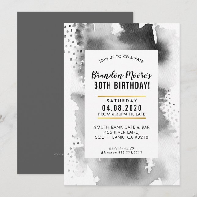 BIRTHDAY PARTY INVITE modern watercolor gray (Front/Back)